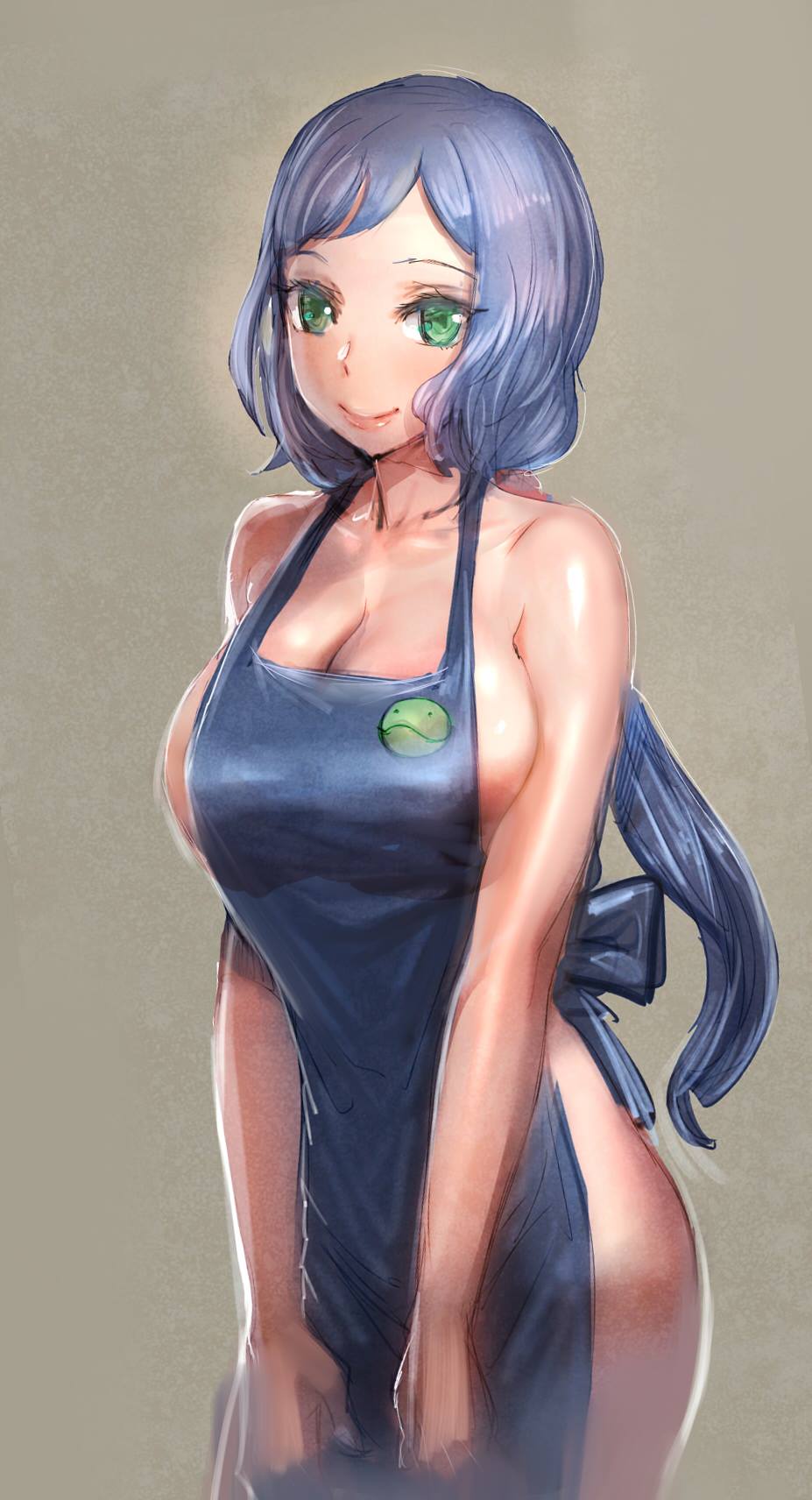 apron apron_tug blue_hair bow_(bhp) breasts brown_background cleavage green_eyes gundam gundam_build_fighters haro_button_badge highres iori_rinko large_breasts lips looking_at_viewer mature naked_apron sideboob smile solo
