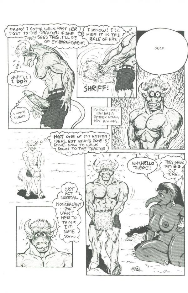 anthro bad_idea big_breasts big_penis bovine breasts cock_and_ball_torture duo elephant english_text farm female hay horn karno male mammal monochrome muscles nipples oiled_body pain penis text tree