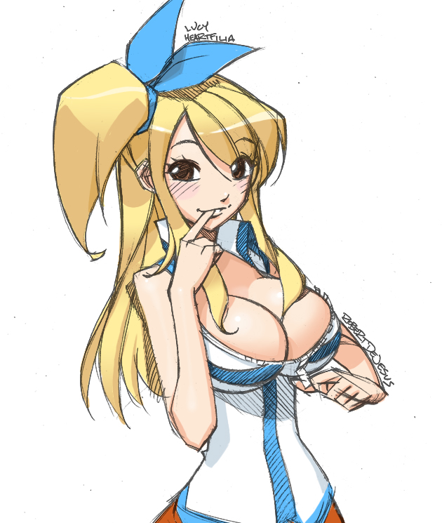 bare_shoulders blonde_hair breasts brown_eyes cleavage cleavage_reach fairy_tail finger_in_mouth hair_ribbon large_breasts long_hair lucy_heartfilia naughty_face one_side_up ribbon robert_de_jesus smile solo