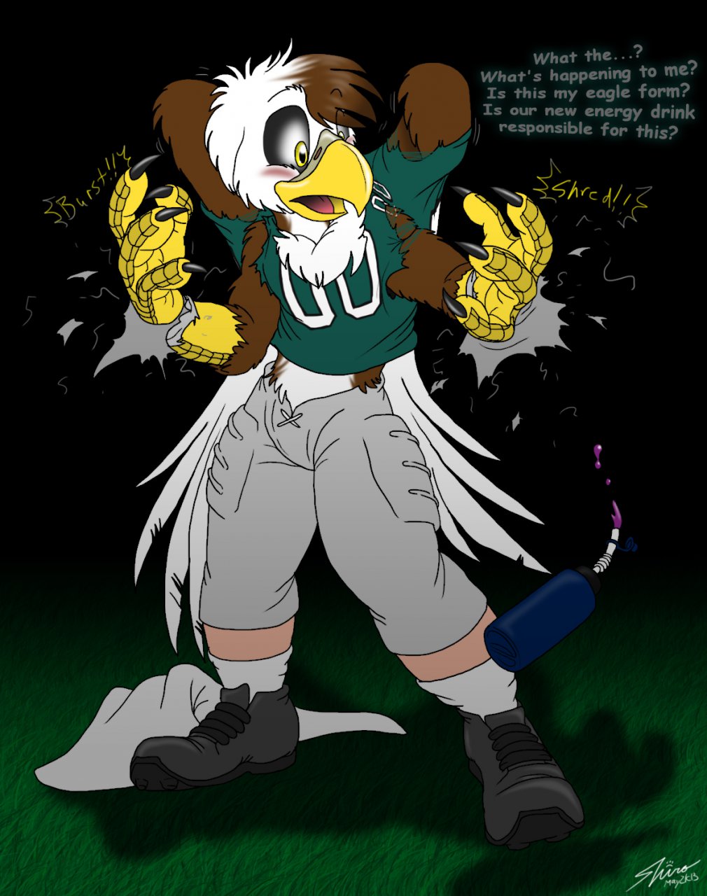 avian bald_eagle bird blush catmonkshiro cleats clothing drink eagle energy_drink feathers field football football_player gloves grass jersey male pheagle philadelphia_eagles scales shorts talons torn_clothing towel transformation uniform