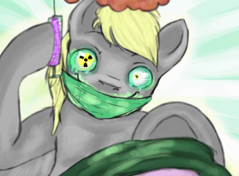 colorlesscupcake derpy_hooves_(mlp) equine female feral friendship_is_magic fur green_eyes grey_fur hair horse long_hair looking_at_viewer mammal mask medical_mask my_little_pony needle pegasus plain_background pony smile solo syringe tears wings