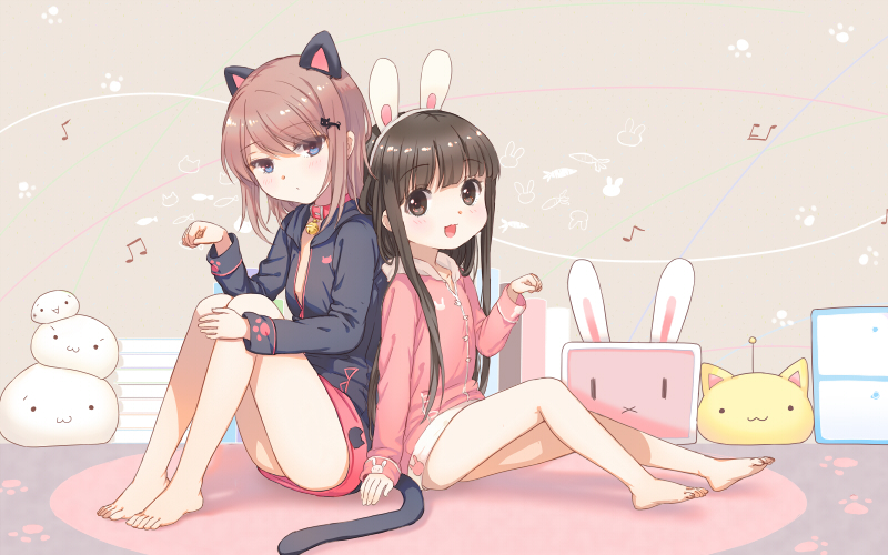 :3 animal_ears barefoot bell black_hair blue_eyes brown_eyes brown_hair bunny_ears cat_ears cat_tail child collarbone jacket jingle_bell long_hair multiple_girls musical_note original short_hair sitting skirt smile tail xiangtu