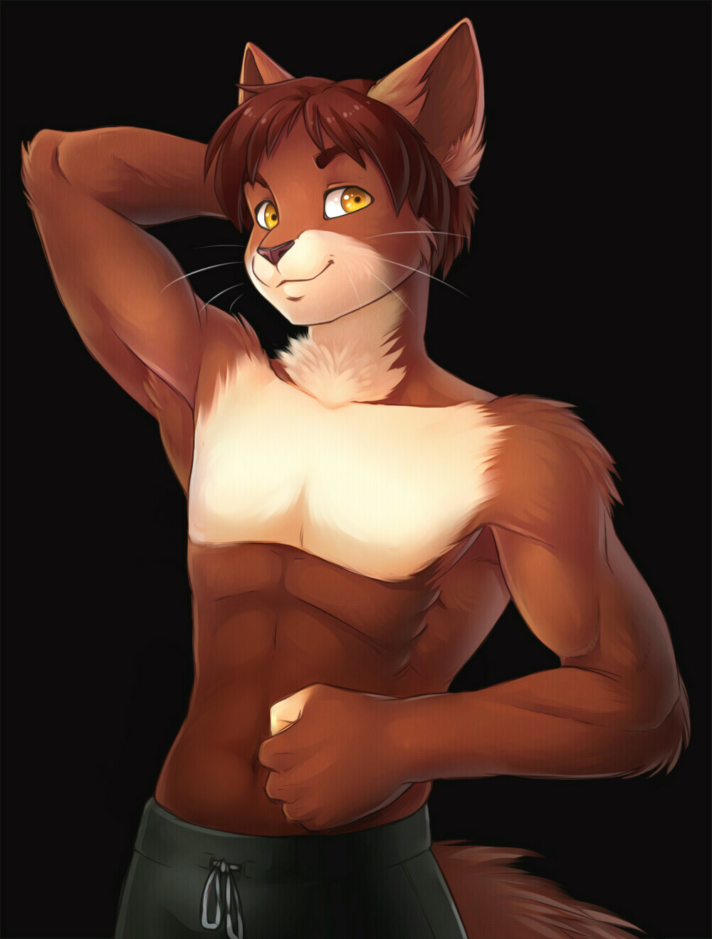 arm_behind_head armpits black_background brown_fur brown_hair cat chest_tuft feline front fur hair iskra looking_at_viewer male mammal muscles navel pecs pink_nose plain_background smile solo topless tuft whiskers