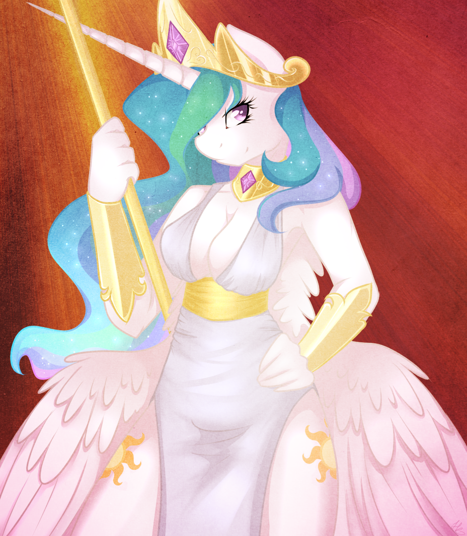 anthro anthrofied bracelet breasts cleavage clothed clothing crown cutie_mark dress equine female friendship_is_magic gem gold hair hand_on_hip harmoniousrain horn horse jewelry mammal multi-colored_hair my_little_pony necklace polearm pony princess_celestia_(mlp) purple_eyes sparkles spear standing winged_unicorn wings