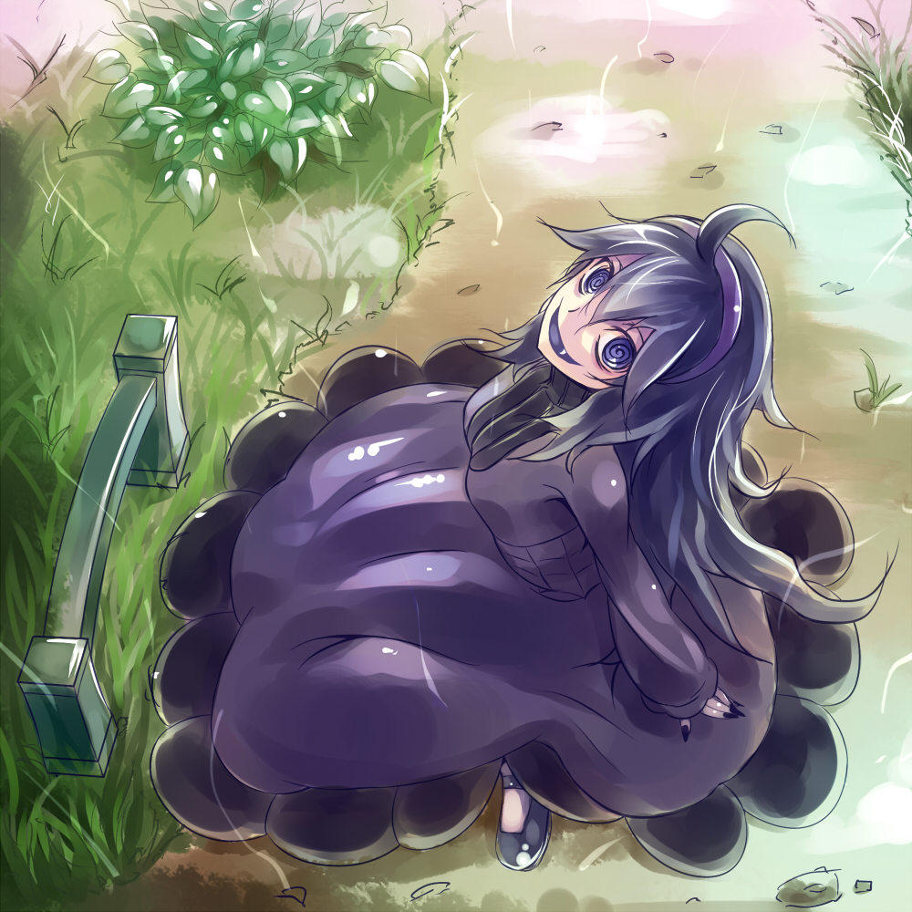 @_@ ahoge bags_under_eyes dress fang from_above grass hairband hex_maniac_(pokemon) long_hair looking_at_viewer looking_up mary_janes messy_hair nail_polish nature open_mouth pale_skin pokemon pokemon_(game) pokemon_xy purple_eyes purple_hair purple_hairband purple_nails shoes sitting smile solo sukumo_(kemutai)