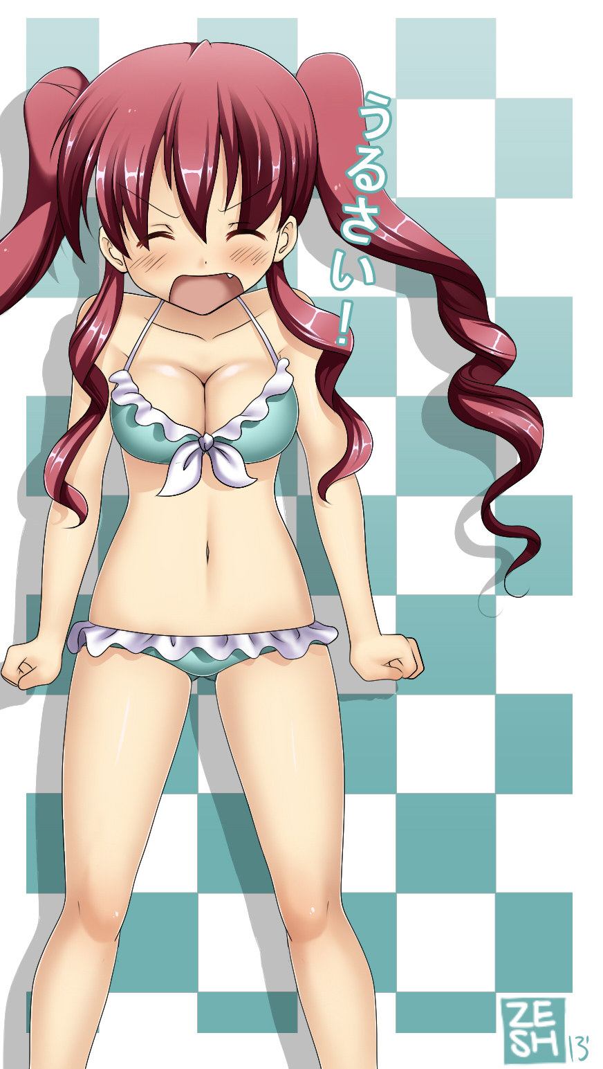 angry bad_source bikini breasts cleavage closed_eyes fang frilled_bikini frills front-tie_top highres legs medium_breasts navel original red_hair shiny shiny_skin solo swimsuit twintails zeshgolden