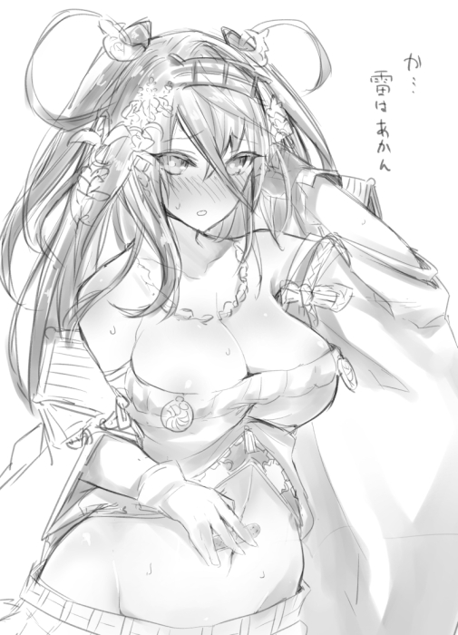 bare_shoulders blush breasts bustier character_request cleavage detached_sleeves flower greyscale hair_flower hair_ornament hair_rings inayama jewelry large_breasts long_hair midriff monochrome navel necklace sengoku_bushouki_muramasa solo sweatdrop translation_request wide_sleeves