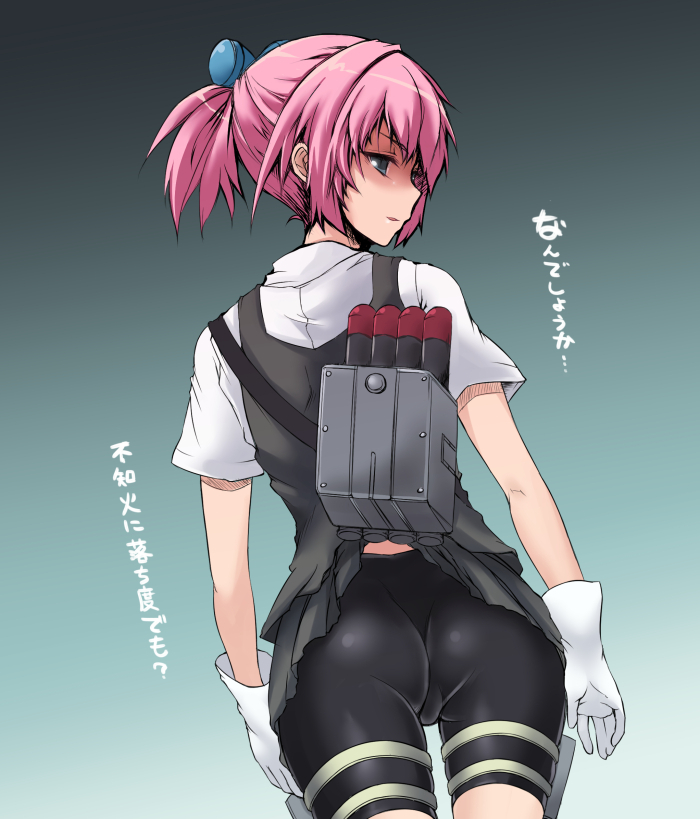 ass bike_shorts blue_eyes collared_shirt cowboy_shot gloves kantai_collection looking_at_viewer looking_back pink_hair pleated_skirt ponytail school_uniform shiranui_(kantai_collection) shirt skirt solo translated vest white_gloves white_shirt yuzuriha_p
