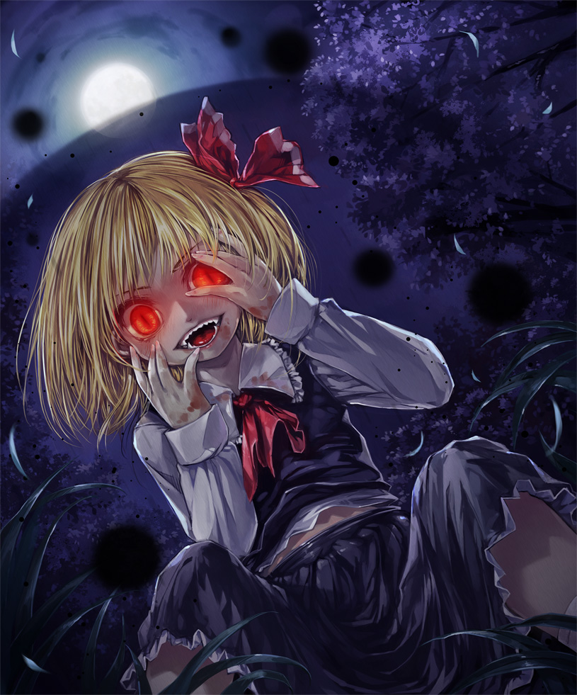 blonde_hair blood blood_on_fingers bloody_clothes blouse darkness evil_smile fangs full_moon misaki_(kyal_001) moon night open_mouth red_eyes rumia sharp_teeth short_hair skirt smile teeth touhou vest