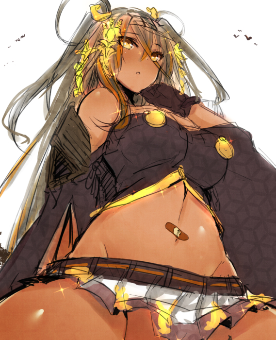 bandaid breasts brown_hair bustier dark_skin flower from_below gloves hair_flower hair_ornament hair_rings inayama large_breasts long_hair microskirt navel original skirt solo veil wide_sleeves yellow_eyes