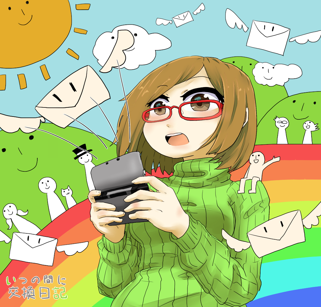 :d brown_eyes brown_hair copyright_name envelope glasses green_shirt handheld_game_console hat kuwabaa motion_lines nikki_(swapnote) nintendo_3ds open_mouth rainbow red-framed_eyewear ribbed_sweater shirt short_hair short_twintails smile sun swapnote sweater top_hat turtleneck twintails