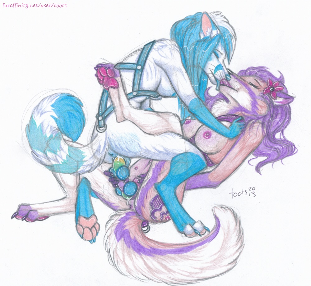 anatomically_correct anatomically_correct_pussy animal_genitalia anthro anus blue_fur blue_hair breasts canine canine_pussy dildo dog double_dildo duo eyes_closed female flower flower_in_hair fur ghost hair harness husky insertion kissing lesbian lying mammal nude on_back penetration purple_fur purple_hair pussy pussy_juice sex sex_toy spirit spread_legs spreading toots vaginal vaginal_insertion vaginal_penetration white_fur