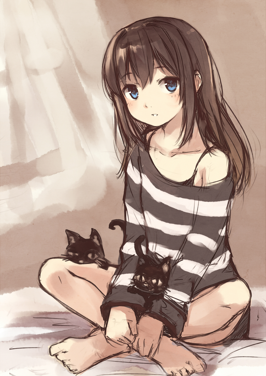 barefoot black_cat black_hair blue_eyes cat highres indian_style kyuri long_hair off_shoulder original parted_lips sitting sketch solo striped
