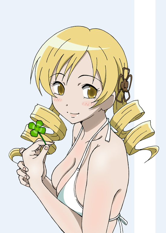bad_id bad_pixiv_id bikini_top blonde_hair blush breasts cleavage clover drill_hair eleven929rr eyelashes four-leaf_clover hair_ornament large_breasts lips mahou_shoujo_madoka_magica smile solo strap_gap swimsuit tomoe_mami twin_drills twintails upper_body yellow_eyes