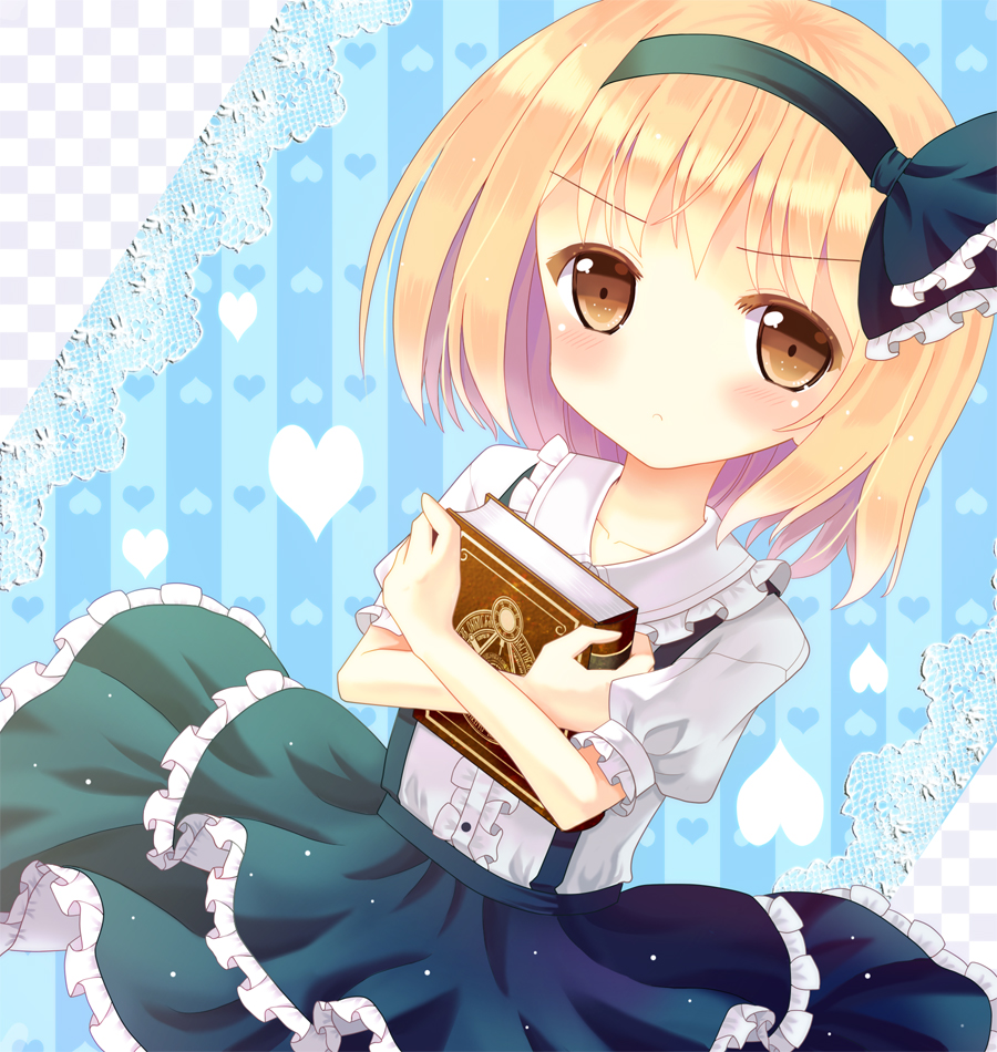 alice_margatroid alice_margatroid_(pc-98) blonde_hair blue_background blush book book_hug brown_eyes checkered frilled_skirt frills grimoire grimoire_of_alice hairband hazakura_satsuki heart holding holding_book lace looking_at_viewer puffy_sleeves ribbon shirt short_hair short_sleeves simple_background skirt solo striped touhou white_shirt younger