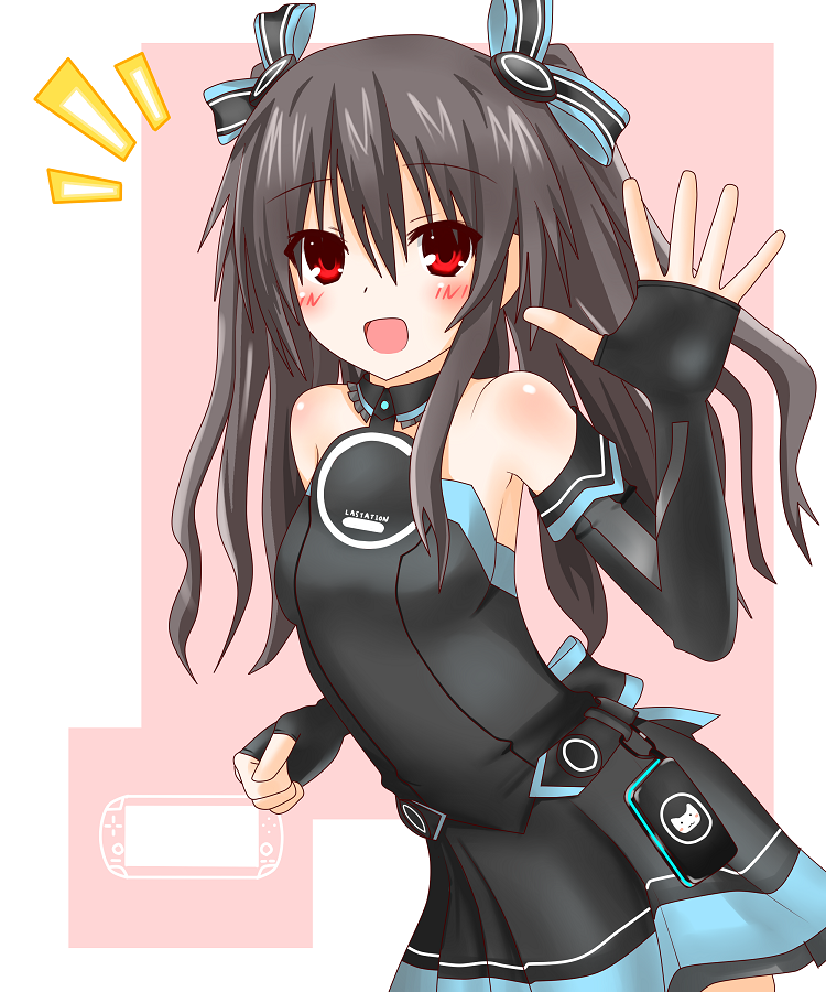 :d bare_shoulders blush brown_hair elbow_gloves fingerless_gloves gloves hair_ornament handheld_game_console langley1000 neptune_(series) open_mouth playstation_vita red_eyes smile solo two_side_up uni_(choujigen_game_neptune) waving