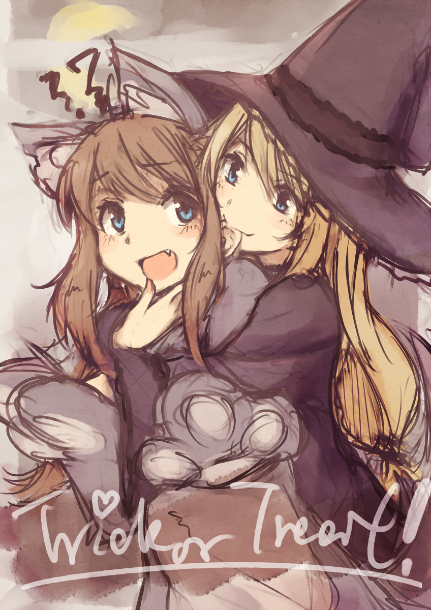 :d animal_costume animal_ears biting blonde_hair brown_hair cat_costume cat_ears cat_paws ear_biting fang gloves halloween hand_on_another's_chin hat highres hug hug_from_behind kyuri long_hair low-tied_long_hair multiple_girls open_mouth original paw_gloves paws sketch smile trick_or_treat witch witch_hat yuri