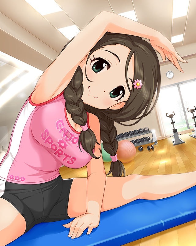 akanishi_erika artist_request braid breasts brown_hair cleavage clothes_writing english flower green_eyes gym gym_uniform hair_flower hair_ornament idolmaster idolmaster_cinderella_girls jpeg_artifacts large_breasts looking_at_viewer official_art shorts smile stretch twin_braids