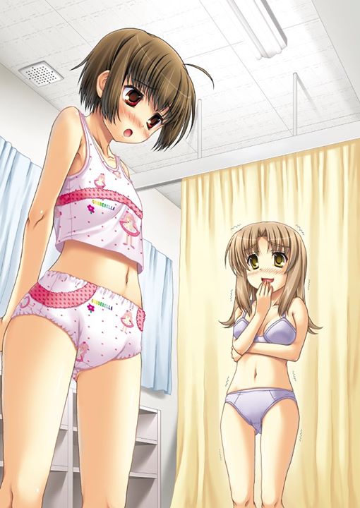 1boy 1girl ahoge androgynous blush bra breasts brother_and_sister brown_hair camisole crossdressing diaper dressing_room hana_(apple_water) laughing long_hair midriff navel open_mouth panties red_eyes short_hair siblings smile standing trap trembling underwear yellow_eyes