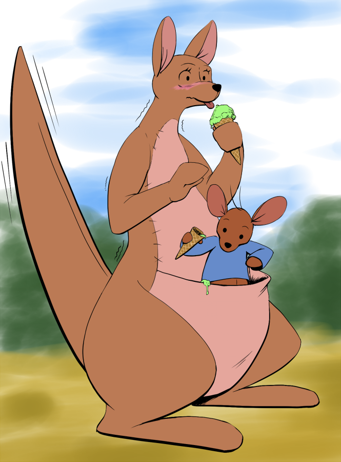 female ice_cream joey kanga kangaroo licking male mammal marsupial plushie pouch queblock roo_(character) shivering startled tongue tongue_out wide_hips winnie_the_pooh winnie_the_pooh_(franchise)