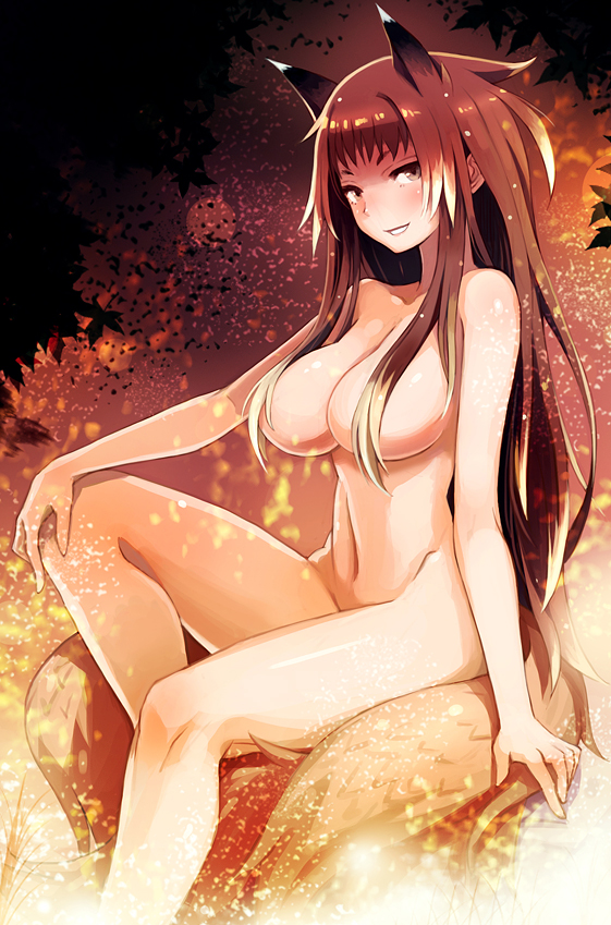 animal_ears bail breasts brown_eyes brown_hair cleavage embers fox_ears fox_tail grin hair_censor hair_over_breasts large_breasts long_hair looking_at_viewer navel nude original red_hair shiny shiny_skin sitting smile solo tail very_long_hair