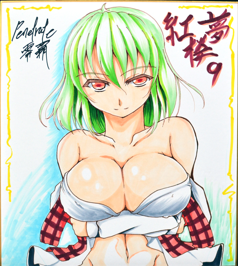 bare_shoulders breast_hold breasts cleavage crossed_arms green_hair kazami_yuuka large_breasts long_hair looking_at_viewer navel off_shoulder red_eyes reiha_(penetrate) shikishi smile solo touhou traditional_media
