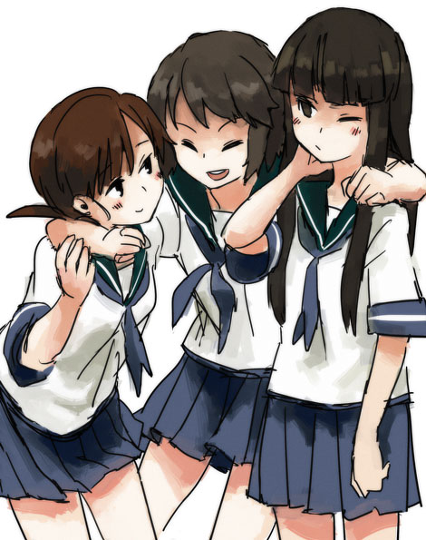 arms_around_neck black_hair blush brown_hair closed_eyes ergot hatsuyuki_(kantai_collection) kantai_collection long_hair miyuki_(kantai_collection) multiple_girls one_eye_closed open_mouth school_uniform serafuku shirayuki_(kantai_collection) short_hair simple_background skirt smile twintails white_background