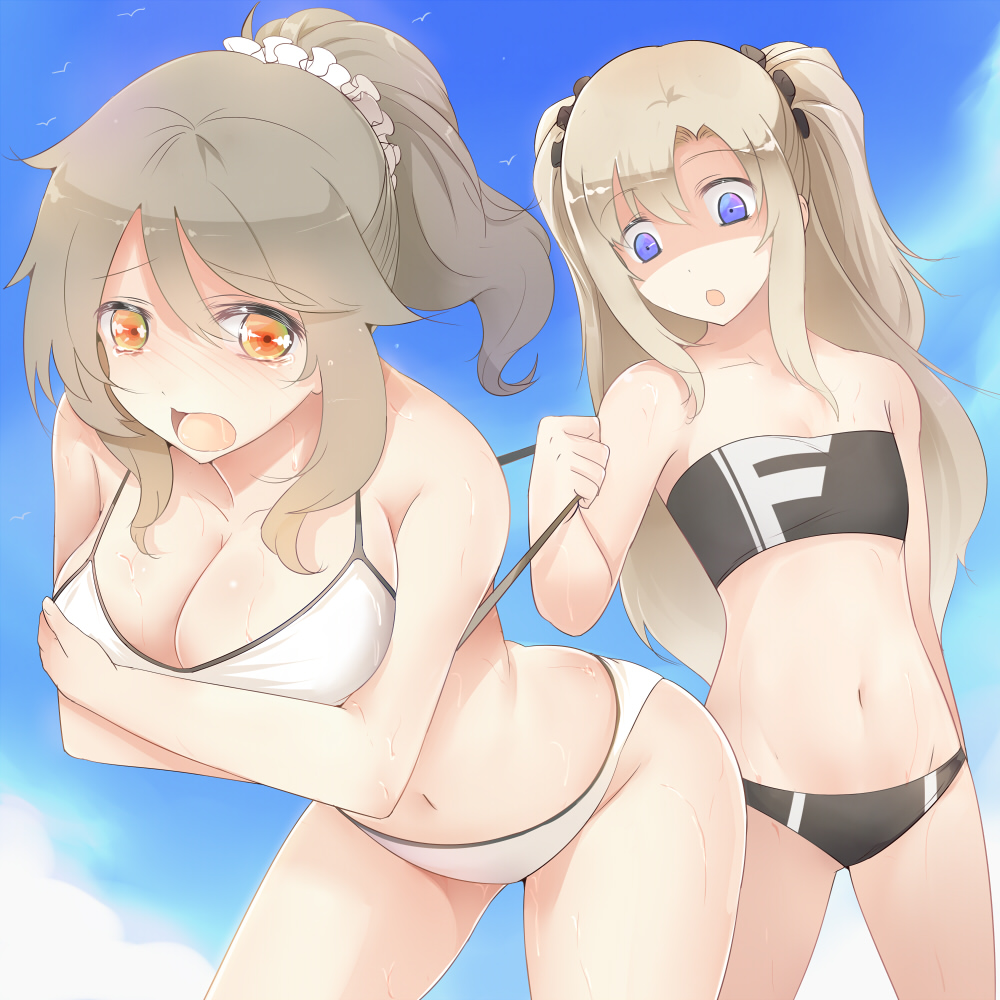 :o bandeau bikini blonde_hair blue_eyes blush breast_envy breasts brown_eyes brown_hair cleavage flat_chest large_breasts long_hair multiple_girls navel original ponytail scrunchie shaded_face sts swimsuit tears two_side_up wet
