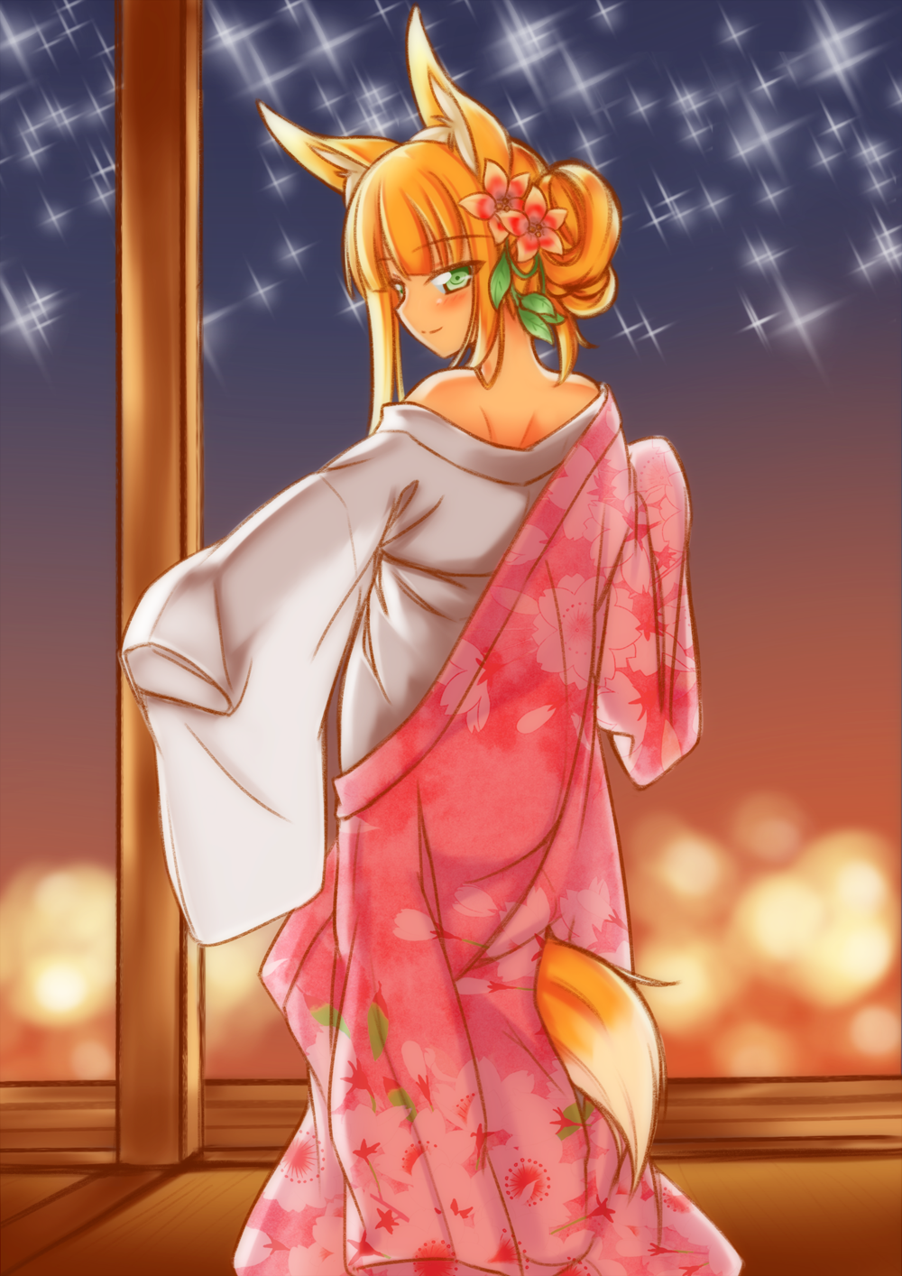 animal_ears bare_shoulders blonde_hair blush feet_out_of_frame floral_print flower fox_ears fox_tail green_eyes hair_flower hair_ornament highres himeka_chine japanese_clothes kimono light_smile long_hair looking_at_viewer looking_back minaha_(playjoe2005) night original sky smile solo star_(sky) starry_sky tail tied_hair undressing yukata