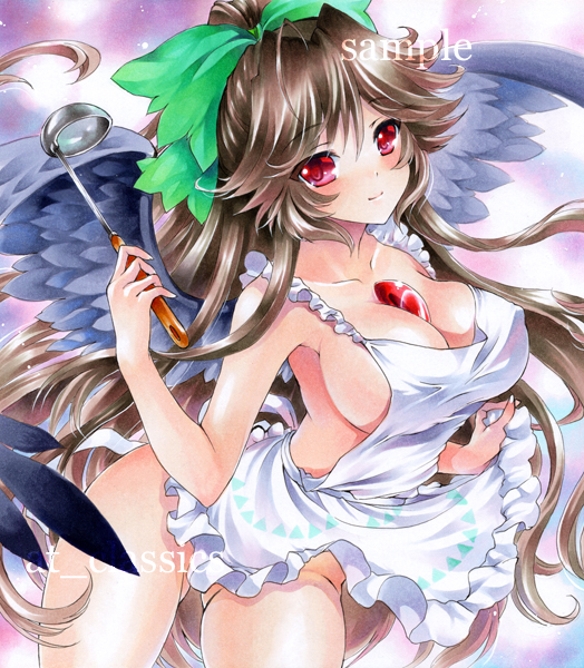 apron at_classics blush bow breasts brown_hair cleavage hair_bow large_breasts long_hair naked_apron nude red_eyes reiuji_utsuho solo third_eye touhou wings