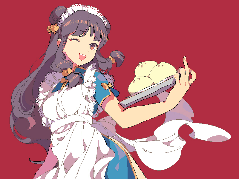 ;d apron bangs baozi cat_hair_ornament china_dress chinese_clothes double_bun dress food frilled_apron frills hair_ornament long_hair maid_headdress middle_finger one_eye_closed open_mouth purple_hair ranma_1/2 red_background red_eyes ro_dai shampoo_(ranma_1/2) side_slit sidelocks smile solo tray waitress