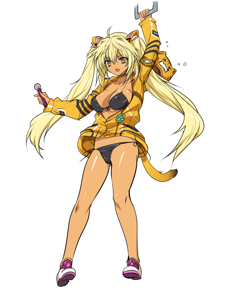 animal_ears arm_up bikini blonde_hair breasts brown_eyes choker cleavage fang jacket long_hair medium_breasts microphone no_pants original q_azieru shoes side-tie_bikini solo swimsuit tail tan tiger_ears tiger_tail twintails