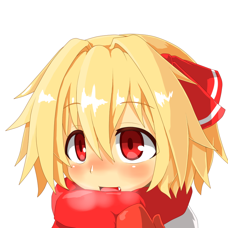 blonde_hair blush face fang hair_ribbon hecchi_(blanch) mittens open_mouth red_eyes ribbon rumia scarf simple_background smile solo touhou upper_body white_background