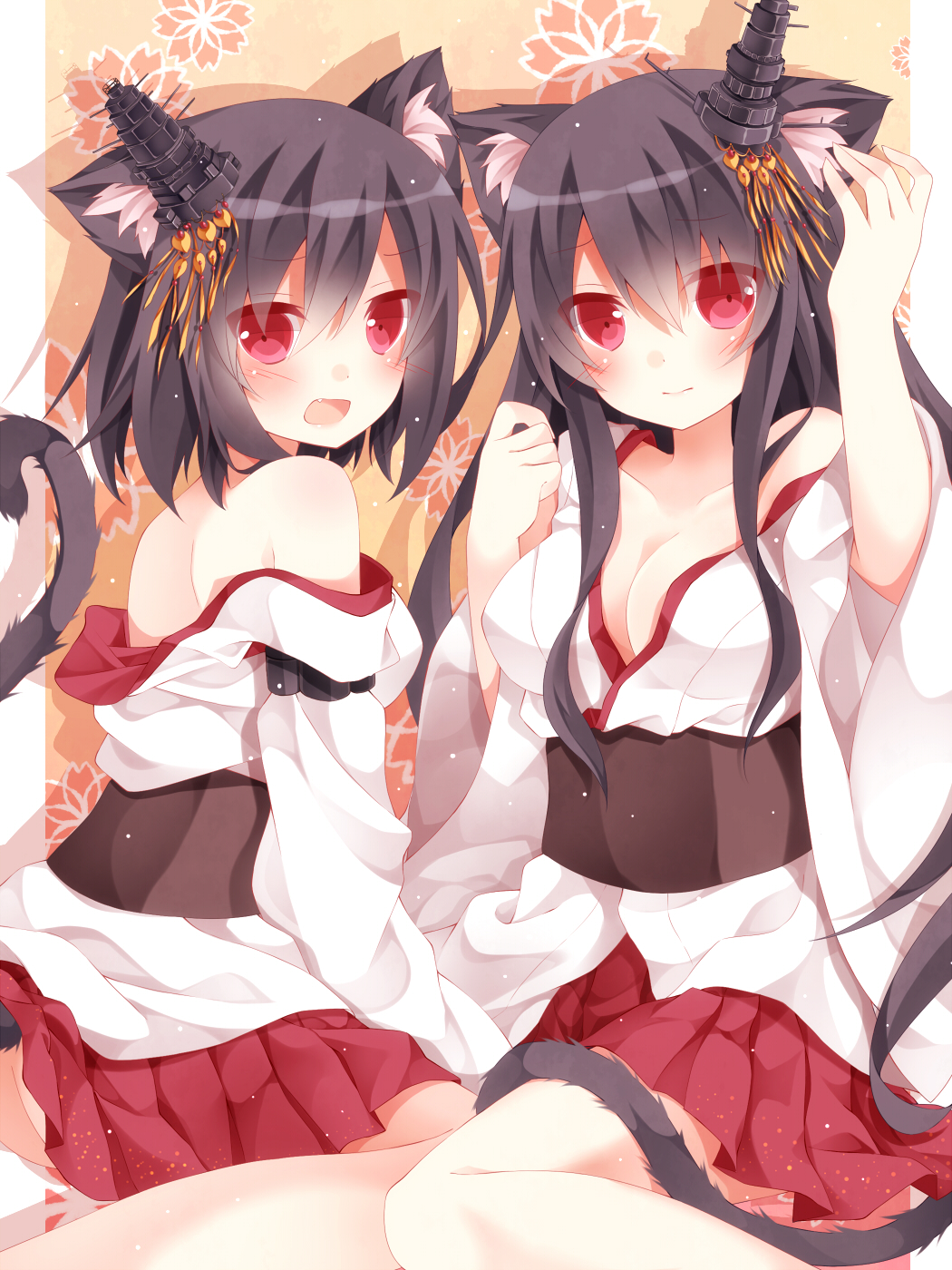 animal_ears ass bare_shoulders black_hair blush breasts cat_ears cat_tail cleavage collarbone fang fusou_(kantai_collection) hair_ornament highres kantai_collection kemonomimi_mode large_breasts long_sleeves looking_at_viewer looking_back mogu_(au1127) multiple_girls no_panties nontraditional_miko off_shoulder open_mouth red_eyes sash shirt sitting skirt tail yamashiro_(kantai_collection)