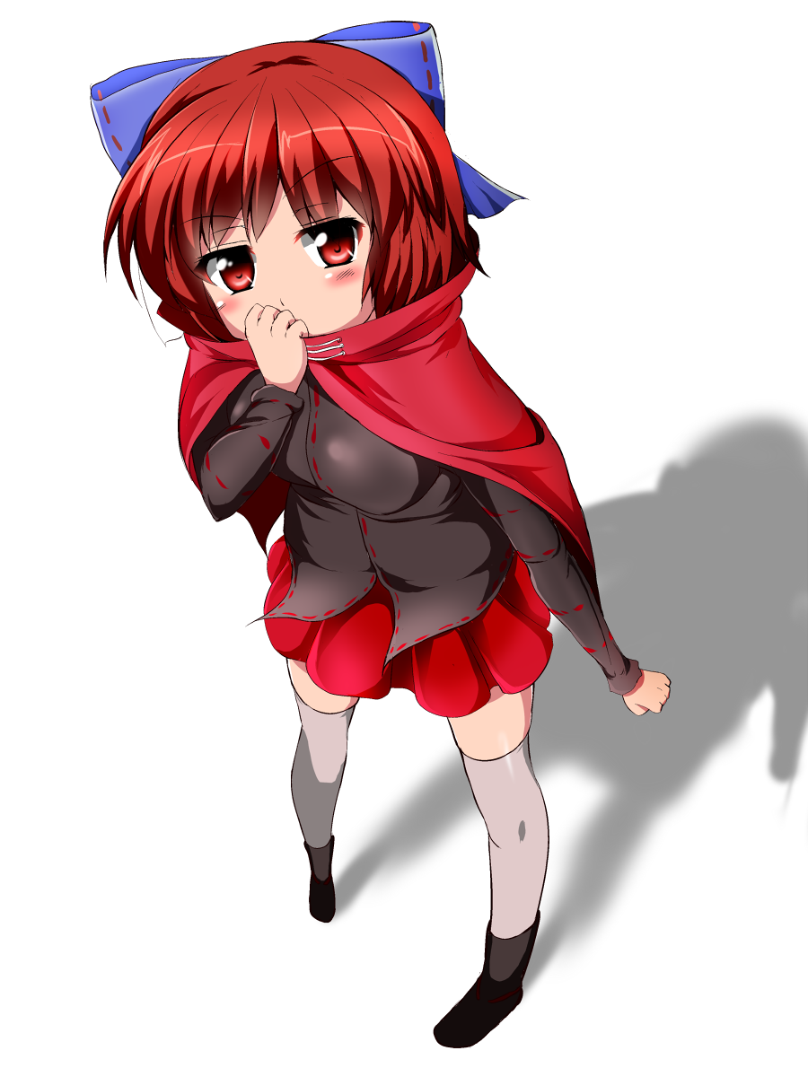 blush bow cape covering_mouth hair_bow highres honda_takaharu long_sleeves looking_at_viewer miniskirt pleated_skirt red_eyes red_hair red_skirt sekibanki shirt skirt solo thighhighs touhou white_legwear zettai_ryouiki