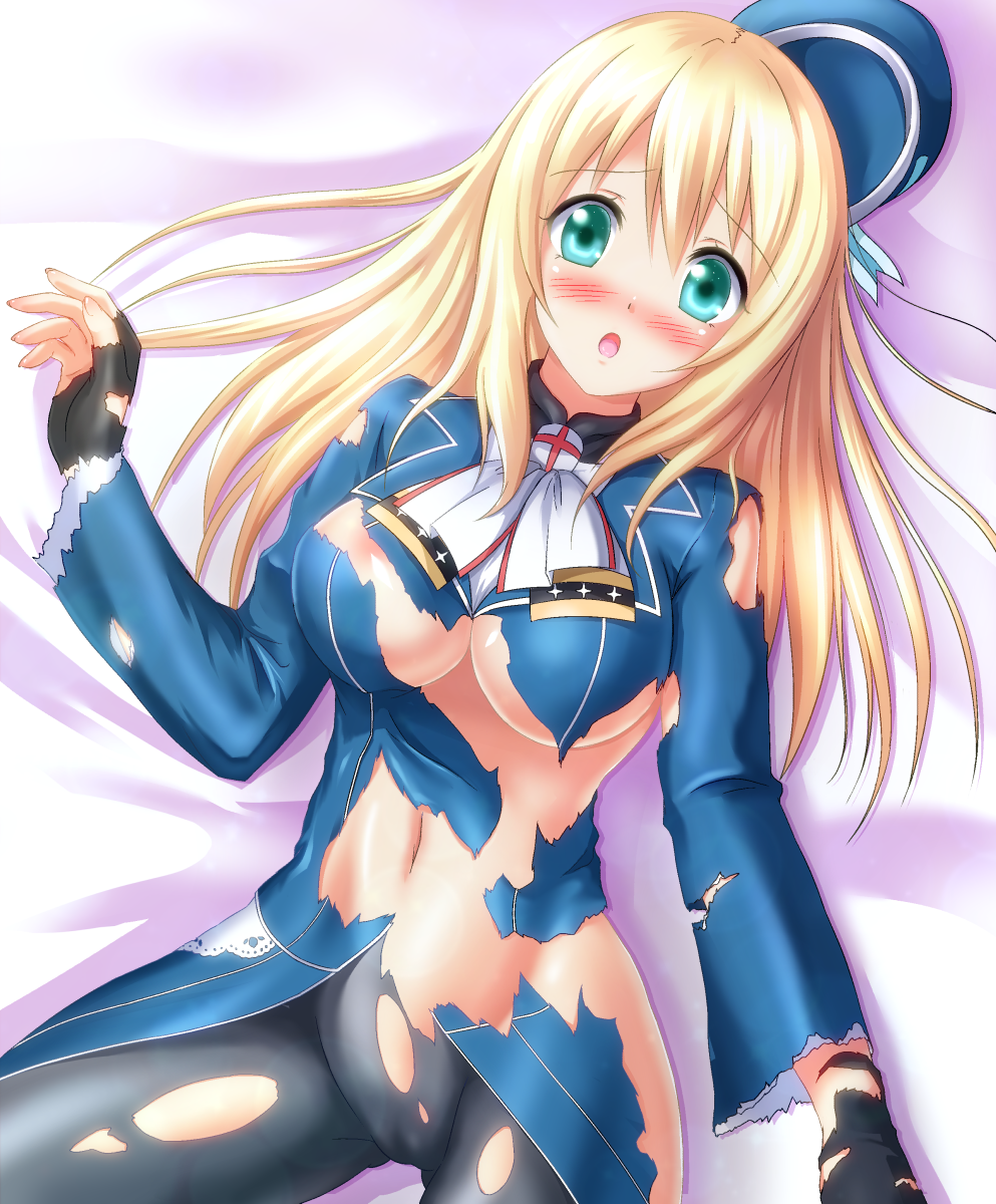 atago_(kantai_collection) black_gloves blonde_hair blush breasts gloves green_eyes hat highres kantai_collection kyamu_(qqea92z9n) large_breasts long_hair lying military military_jacket military_uniform no_bra no_panties open_mouth pantyhose solo torn_clothes torn_legwear uniform