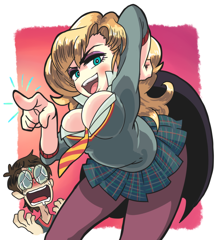 1girl :d alternate_eye_color alternate_hair_color blonde_hair blue_eyes breasts broken_eyewear cape cleavage eyeshadow gashi-gashi harry_james_potter harry_potter hermione_granger large_breasts long_hair makeup necktie open_mouth pantyhose plaid plaid_skirt pleated_skirt pointing pointing_at_viewer skirt smile solo_focus sweater v-neck