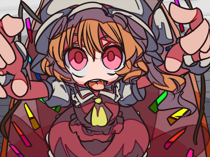 blonde_hair flandre_scarlet hat hat_ribbon monomi outstretched_arms red_eyes ribbon solo tongue tongue_out touhou wings