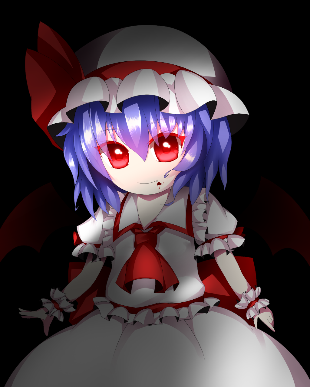 ascot bad_id bad_pixiv_id bat_wings black_background blood blood_on_face blouse blue_hair bow collared_shirt cowboy_shot dress fang frilled_dress frilled_hat frilled_shirt frilled_sleeves frills glowing glowing_eyes hair_between_eyes hat hat_bow hat_ribbon highres large_bow looking_at_viewer mob_cap puffy_sleeves red_eyes remilia_scarlet ribbon shadow shirona_(amenomurakumo26) shirt short_sleeves simple_background skirt skirt_set smile solo touhou wings wrist_cuffs