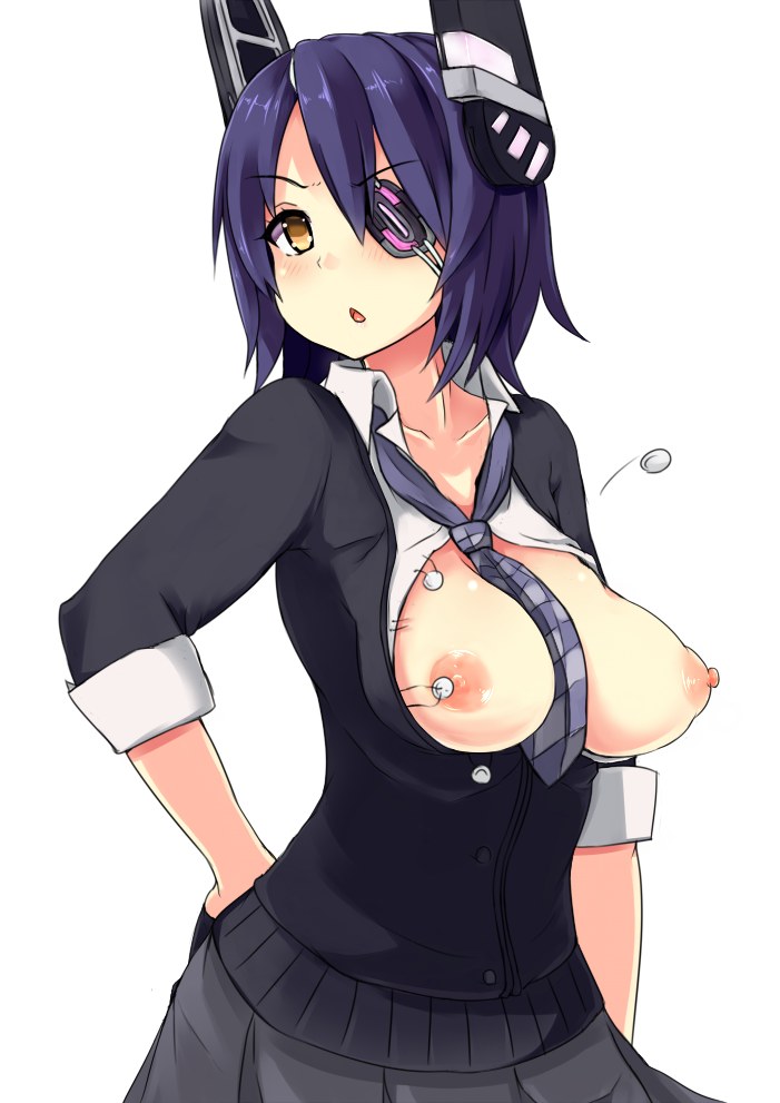 breasts bursting_breasts chestnut_mouth eyepatch hand_on_hip kantai_collection large_breasts nipples ocha_(ochappie) pleated_skirt popped_button purple_hair skirt solo tenryuu_(kantai_collection) wardrobe_malfunction yellow_eyes