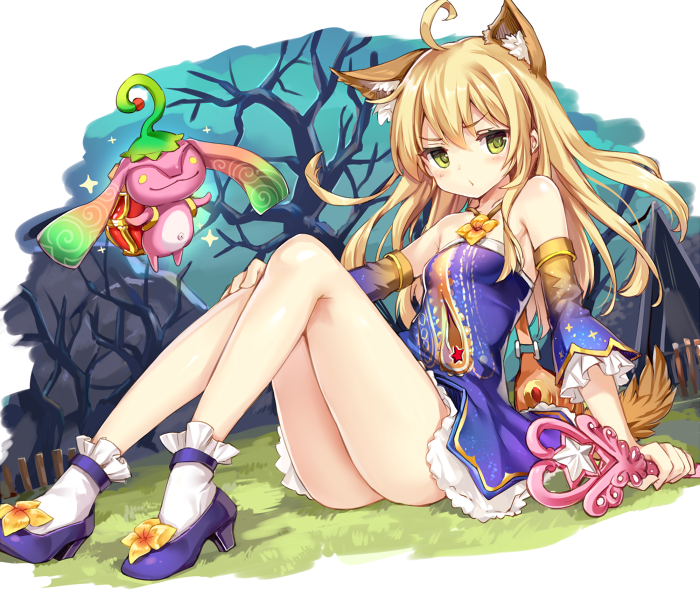 ahoge animal_ears ass bare_legs bare_shoulders blonde_hair blue_footwear blue_skirt elin_(tera) flower frills gloves hand_on_own_knee legs long_hair looking_at_viewer momoko_(momopoco) pout shoes sitting skirt solo tail tera_online wand yellow_eyes