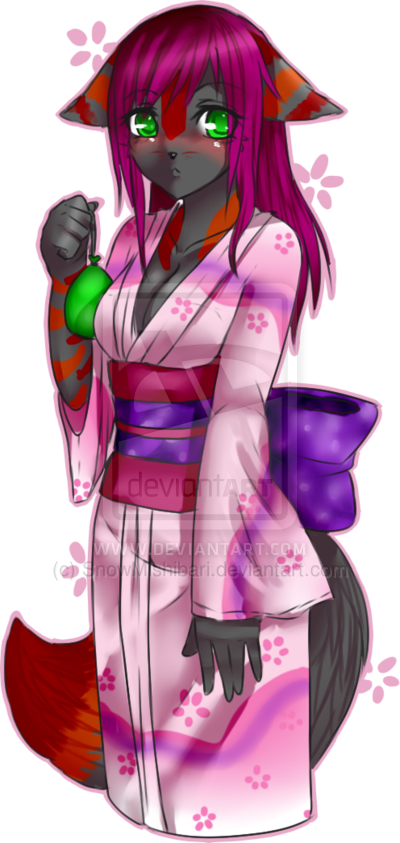 blush cleavage female green_eyes hair japanese_clothing kimono purple_hair snowmishibari