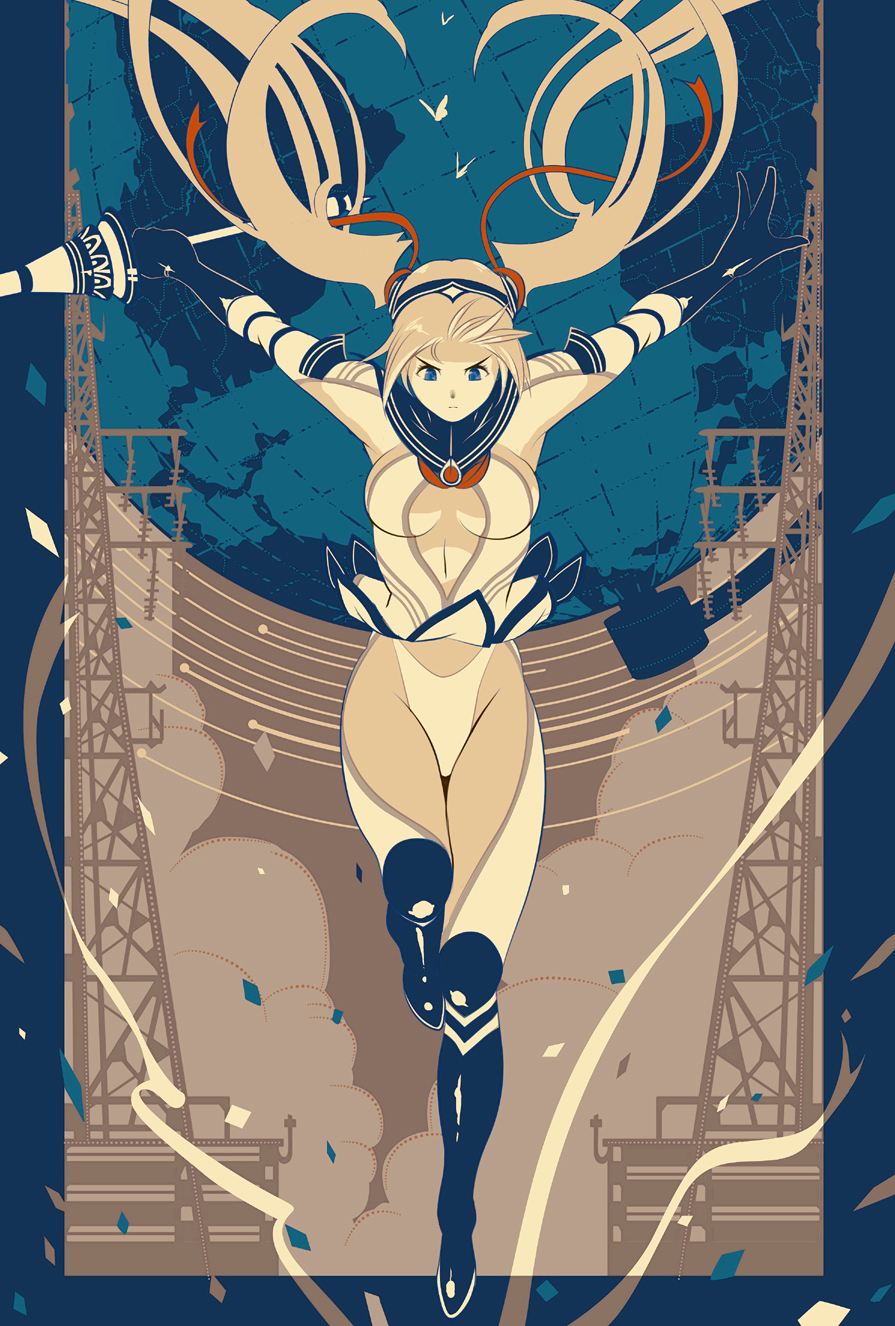 art_deco blonde_hair blue_eyes boots breasts center_opening confetti gloves hair_ribbon hairband highres jumping knee_boots kondou_totetsu lance large_breasts leotard long_hair magical_girl navel original polearm red_ribbon ribbon sideboob skirt solo twintails very_long_hair weapon wind wind_lift