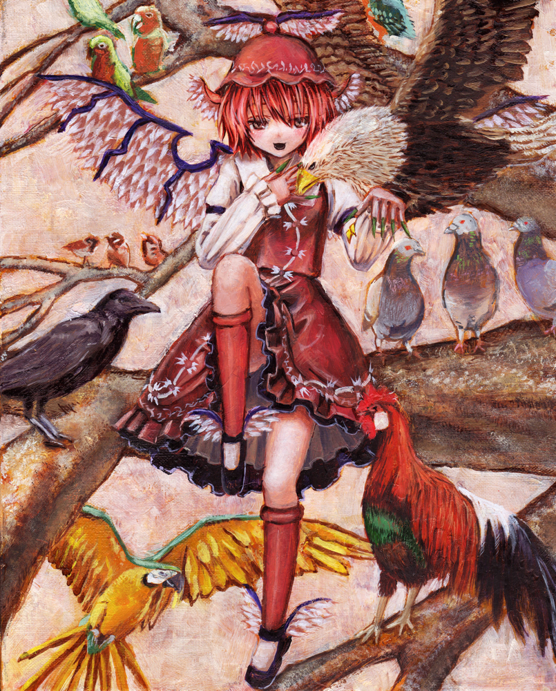 animal animal_on_arm bird bird_on_arm bird_wings blush brown_eyes chicken crow dress eagle eurasian_tree_sparrow fingernails frills full_body hand_on_own_chest hat head_wings in_tree juliet_sleeves kabaji long_fingernails long_sleeves looking_at_viewer macaw mystia_lorelei nail_polish oil_painting_(medium) open_mouth parrot pigeon pink_hair puffy_sleeves red_legwear shirt shoes short_hair sitting sitting_in_tree smile solo sparrow thighhighs touhou traditional_media tree white_shirt wings