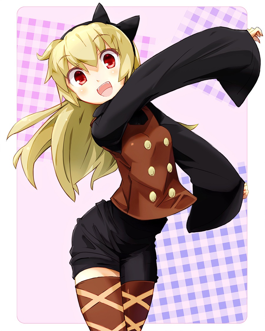 adapted_costume alternate_hair_length alternate_hairstyle bad_id bad_pixiv_id blonde_hair blush boots bow cowboy_shot fangs hairband kurodani_yamame long_hair long_sleeves looking_at_viewer outstretched_arms plaid plaid_background purple_background red_eyes sala_mander shirt shorts simple_background solo thighhighs touhou turtleneck wide_sleeves