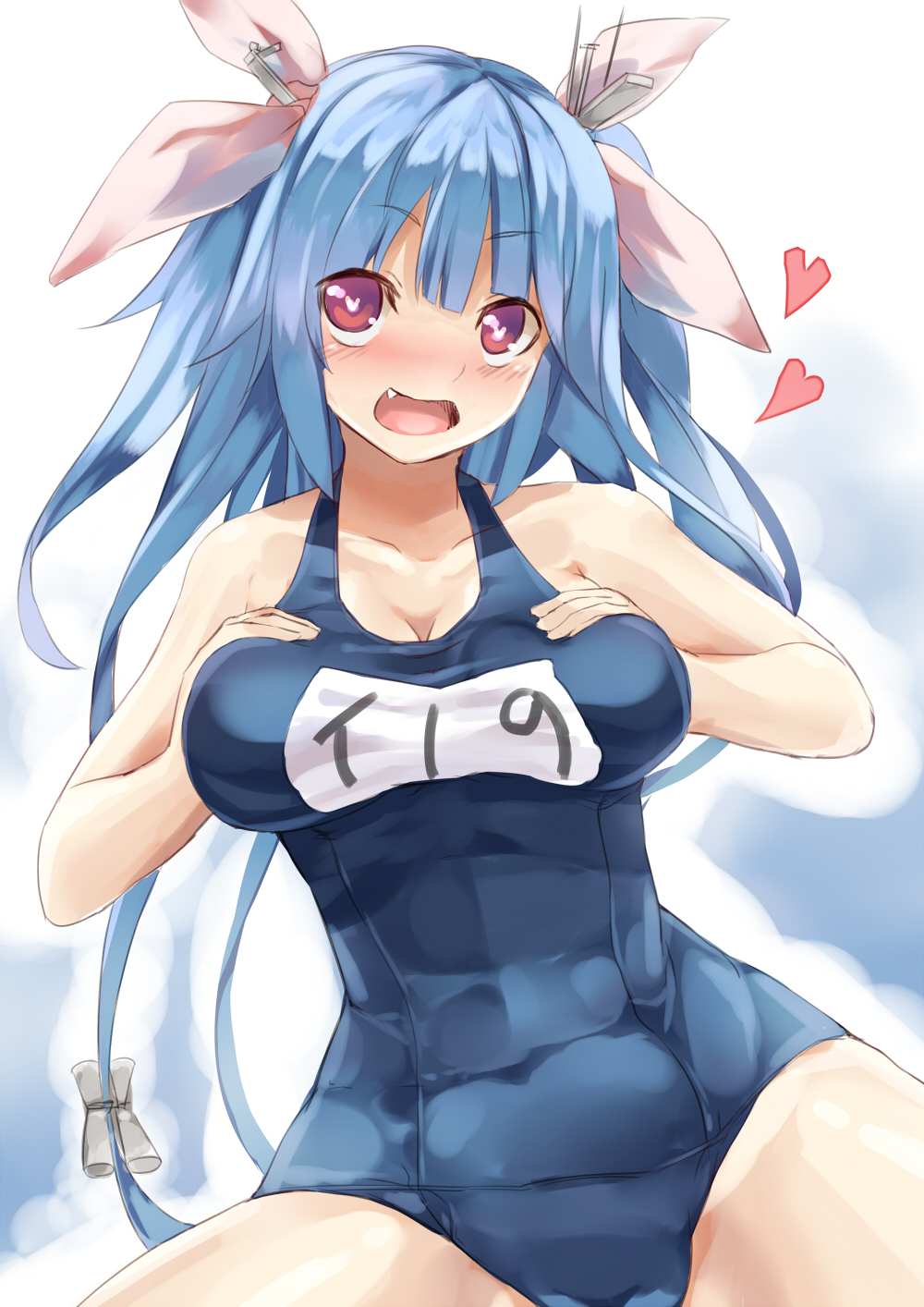 bad_id bad_pixiv_id blue_hair breasts fang grabbing hair_ornament hair_ribbon heart heart-shaped_pupils highres i-19_(kantai_collection) kantai_collection large_breasts long_hair name_tag one-piece_swimsuit open_mouth red_eyes ribbon roten_(rotenburo) school_swimsuit smile solo swimsuit symbol-shaped_pupils twintails