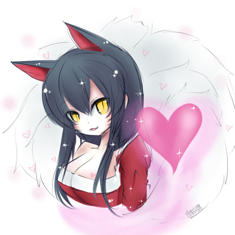 ahri animal_ears breasts cleavage facial_mark heart large_breasts league_of_legends long_hair neko_baby slit_pupils solo whisker_markings yellow_eyes