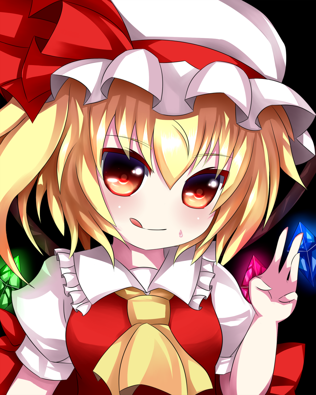 :q ascot bad_id bad_pixiv_id black_background blonde_hair blouse blush bow breasts collared_shirt flandre_scarlet frilled_hat frilled_shirt frills hair_between_eyes hat hat_bow hat_ribbon highres large_bow looking_at_viewer mob_cap puffy_sleeves red_eyes ribbon shirona_(amenomurakumo26) shirt short_sleeves side_ponytail simple_background small_breasts smile solo sweat tongue tongue_out touhou upper_body waving wings