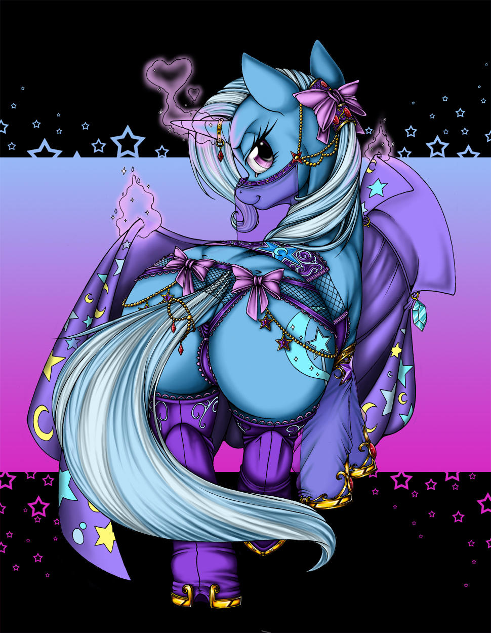 bow butt cape clothing cutie_mark equine female feral friendship_is_magic glowing harem horn horse jewelry lingerie longinius magic mammal my_little_pony pony ribbons stars trixie_(mlp) unicorn