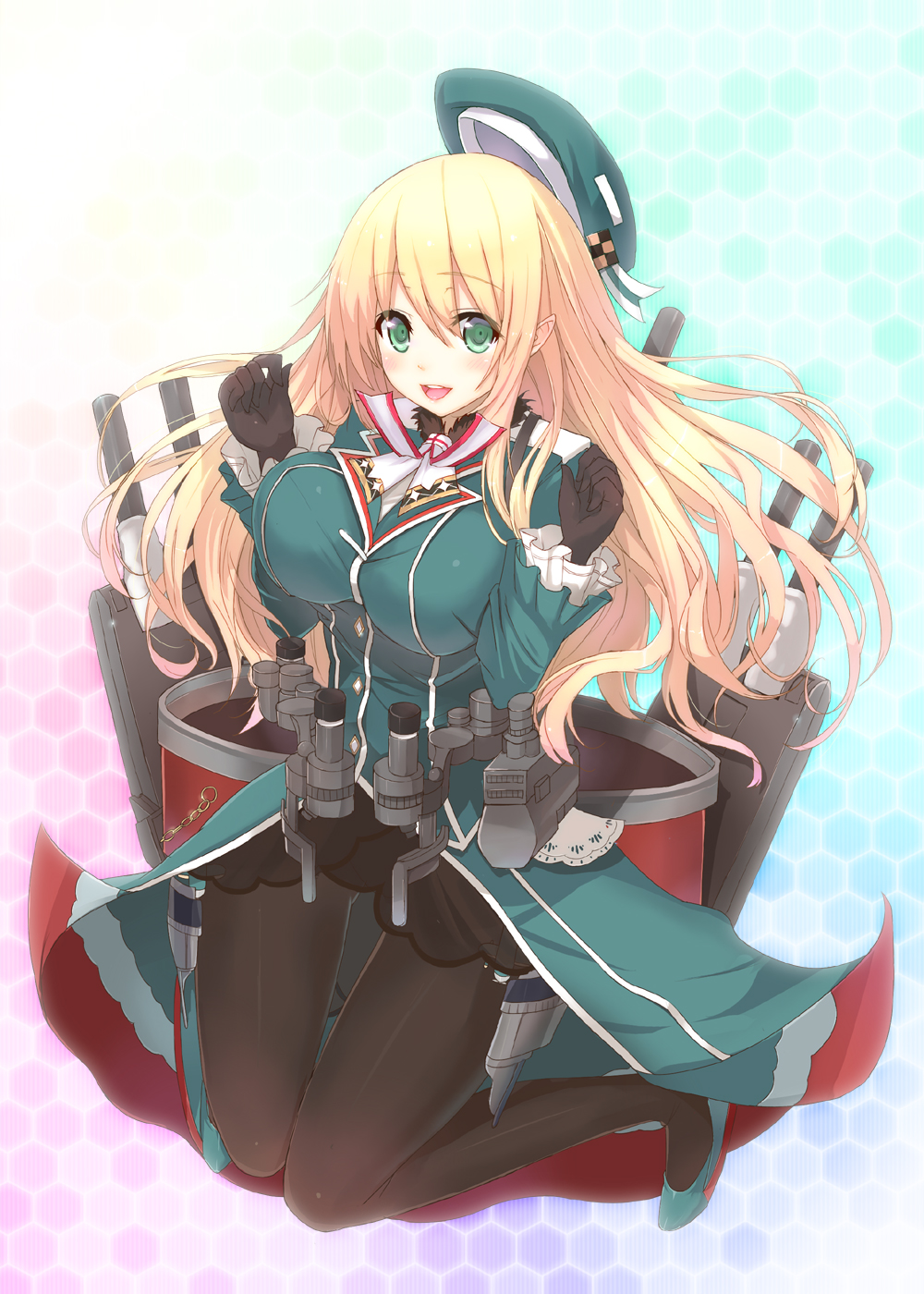 atago_(kantai_collection) blonde_hair cannon dress gloves green_eyes hat highres kagerou_(shadowmage) kantai_collection long_hair open_mouth pantyhose solo